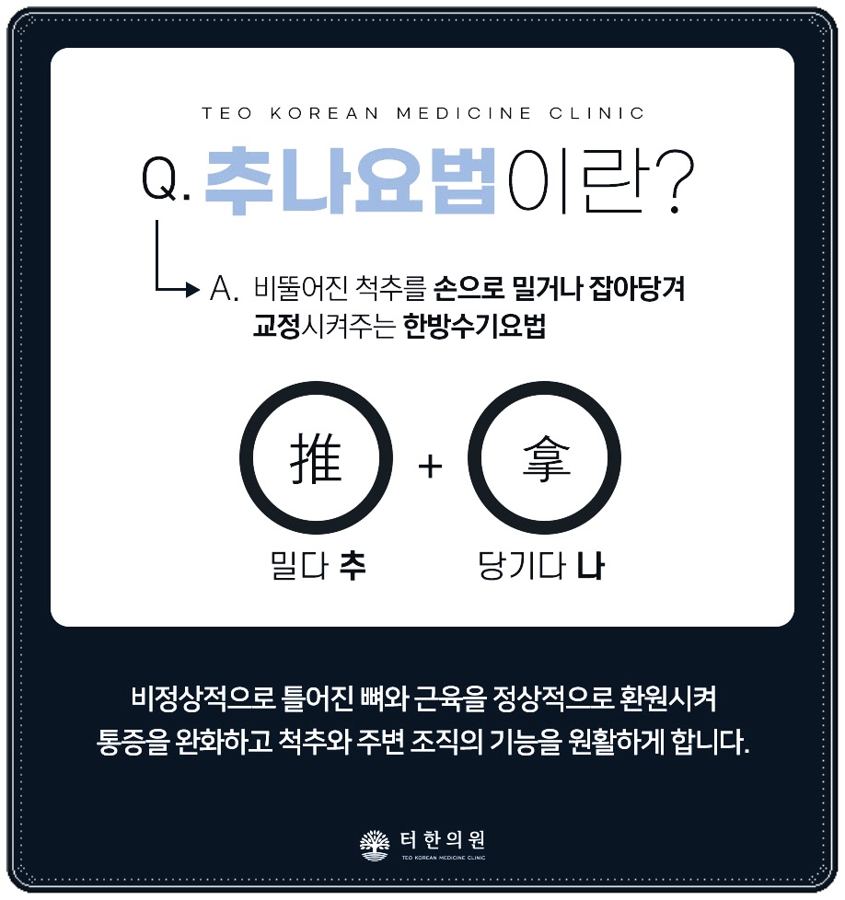 추나요법의 의미와 원리를 한자와 함께 설명한 안내문