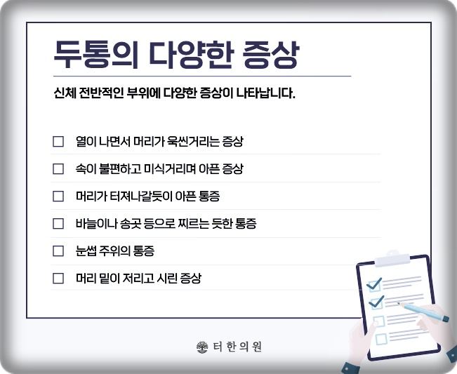 두통의 다양한 증상을 체크 항목으로 정리한 이미지