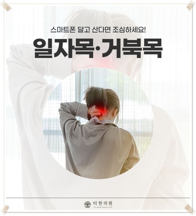 목 뒤를 짚은 사람의 뒷모습과 일자목·거북목 안내 문구가 있는 이미지
